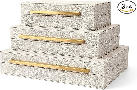 Kingflux Faux Ivory Shagreen Leather Set of 3 Pcs Decorative Boxes, Storage Boxes Jewelry Organiz... | Amazon (US)