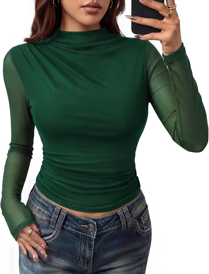 Kate Kasin Mesh Long Sleeve Tops for Women, Mock Neck Going Out Outfits | See Through, Slim Fit, ... | Amazon (US)