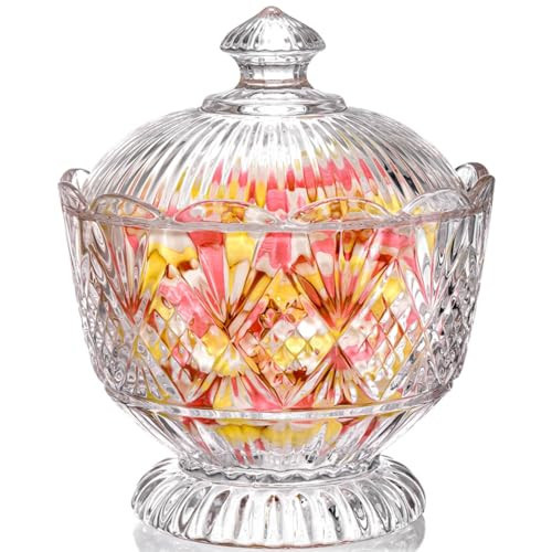 Lyellfe Glass Candy Dish with Lid, 40 Oz Large Clear Covered Cookie Bowl, Decorative Embossed Food Storage Container for Candy Buffet, Office Desk, Lead-free, Dishwasher Safe | Amazon (US)