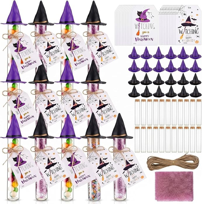 Bokon 24 Sets Halloween DIY Candy Tube Kit with Purple Black Witch Hats Empty Glass Test Tubes wi... | Amazon (US)