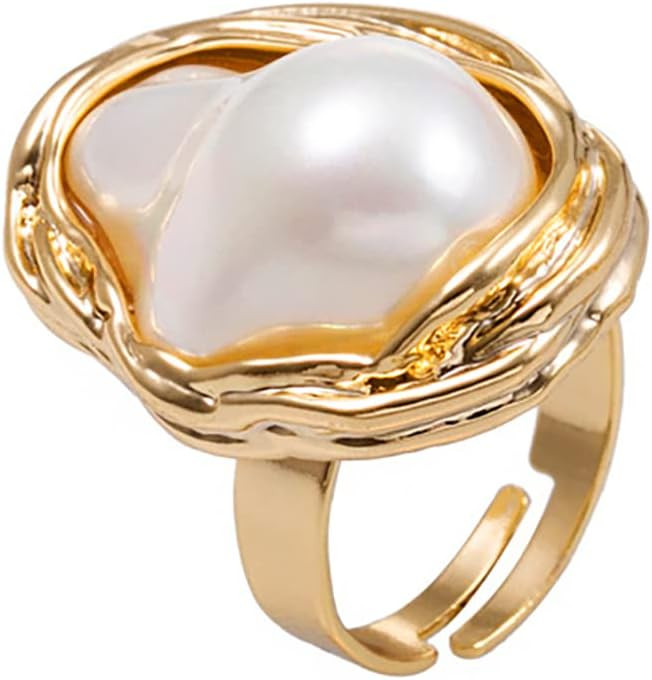 Baroque 18K Gold Pearl Statement Ring - Adjustable Chunky Pearl Wedding Jewelry for Women | Amazon (US)
