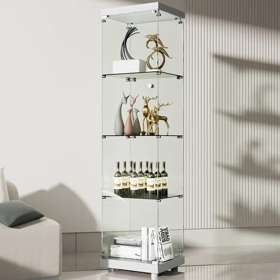 Single Glass Door 65.4" Glass Display Cabinet with Metal Lock, 5mm Tempered 4-Shelf Glass Curio C... | Walmart (US)
