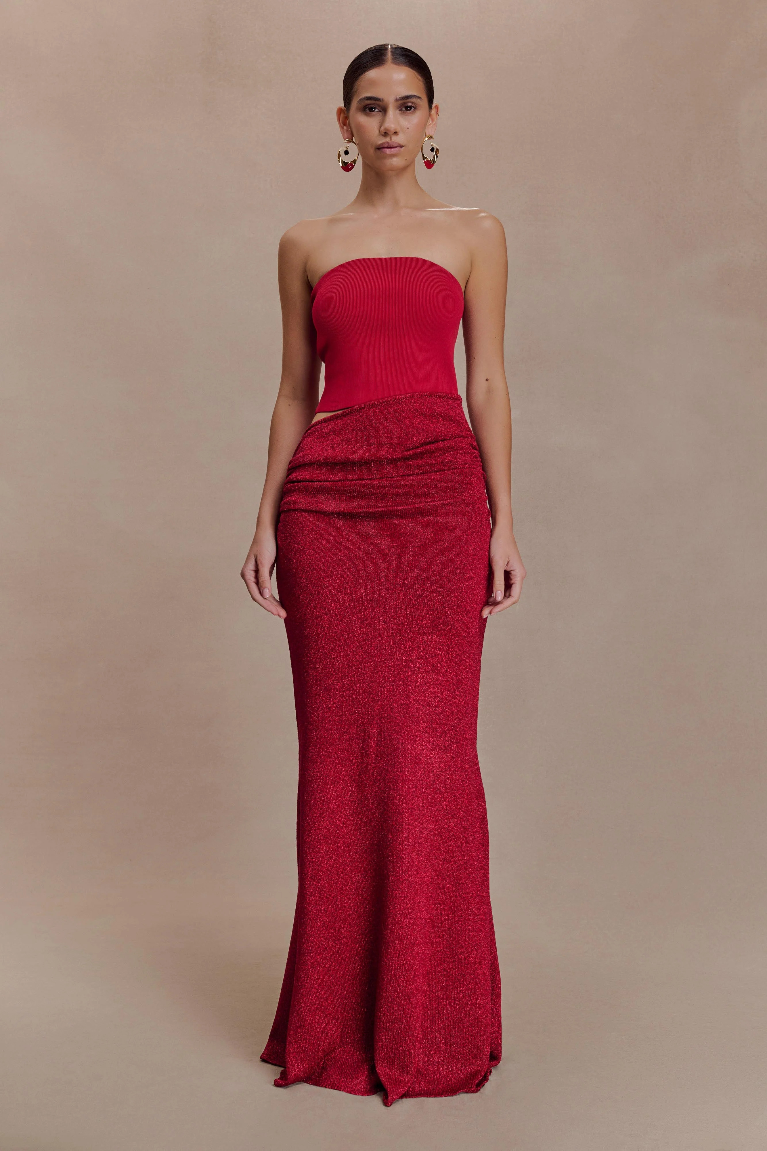Strapless Knit Maxi Dress - Red | MESHKI US