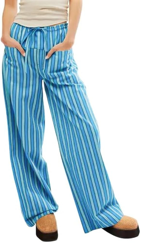 Women Wide Leg Striped Pants Cotton Casual Comfy Loose Lounge Drawstring Palazzo Trousers with Po... | Amazon (US)