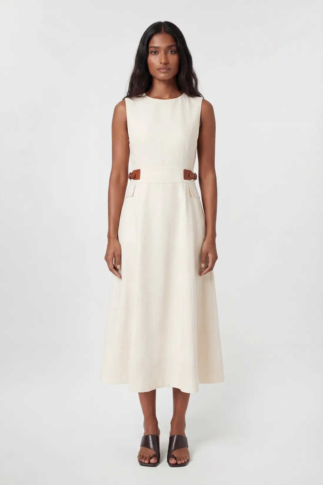 Tailored Linen Tab Waist Detail Full Skirt Midi Dress | Karen Millen