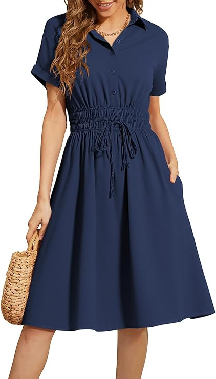ECOWISH Spring Button Mini Shirt Dresses for Women V Neck Short Sleeve Petite Work Casual Smocked... | Amazon (US)