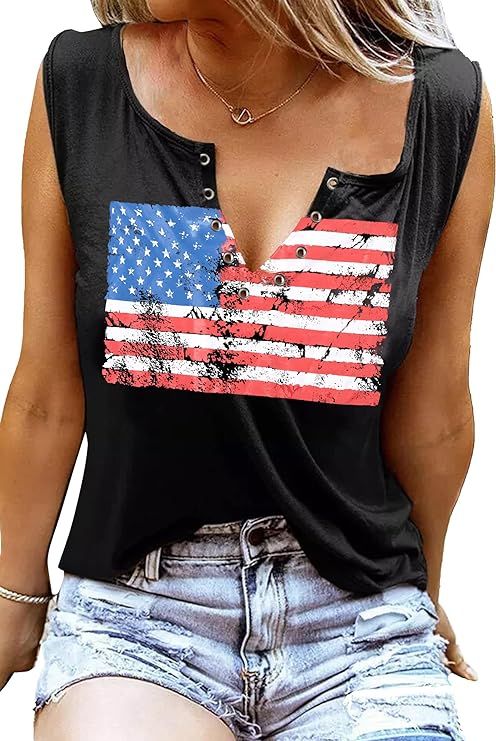American Flag Tank Tops Women Ring Hole Sleeveless V Neck Shirts Patriotic Stars Stripes T Shirts... | Amazon (US)