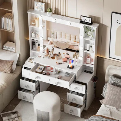 Vanity Desk with with Mirror and Lights,Makeup Vanity Table with Glass Top and Drawers&Cushioned Stool,Dressing Table with Drawers, Bedroom Makeup Ta | Wayfair North America
