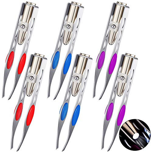 Tatuo 6 Pcs Light Stainless Steel Tweezers with LED, Makeup Eyelash Eyebrow Hair Removal Illuminating Lighted Tweezers for Precision Men Women(Red, Purple, Dark Blue) | Amazon (US)