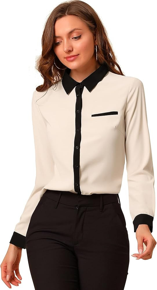 Allegra K Women's Button Down Shirts Long Sleeve Work Office Tops Collared Shirt Casual Chiffon B... | Amazon (US)