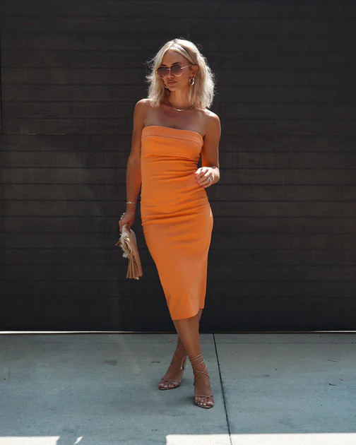 Feliciana Linen Strapless Midi Dress - Tangerine | VICI