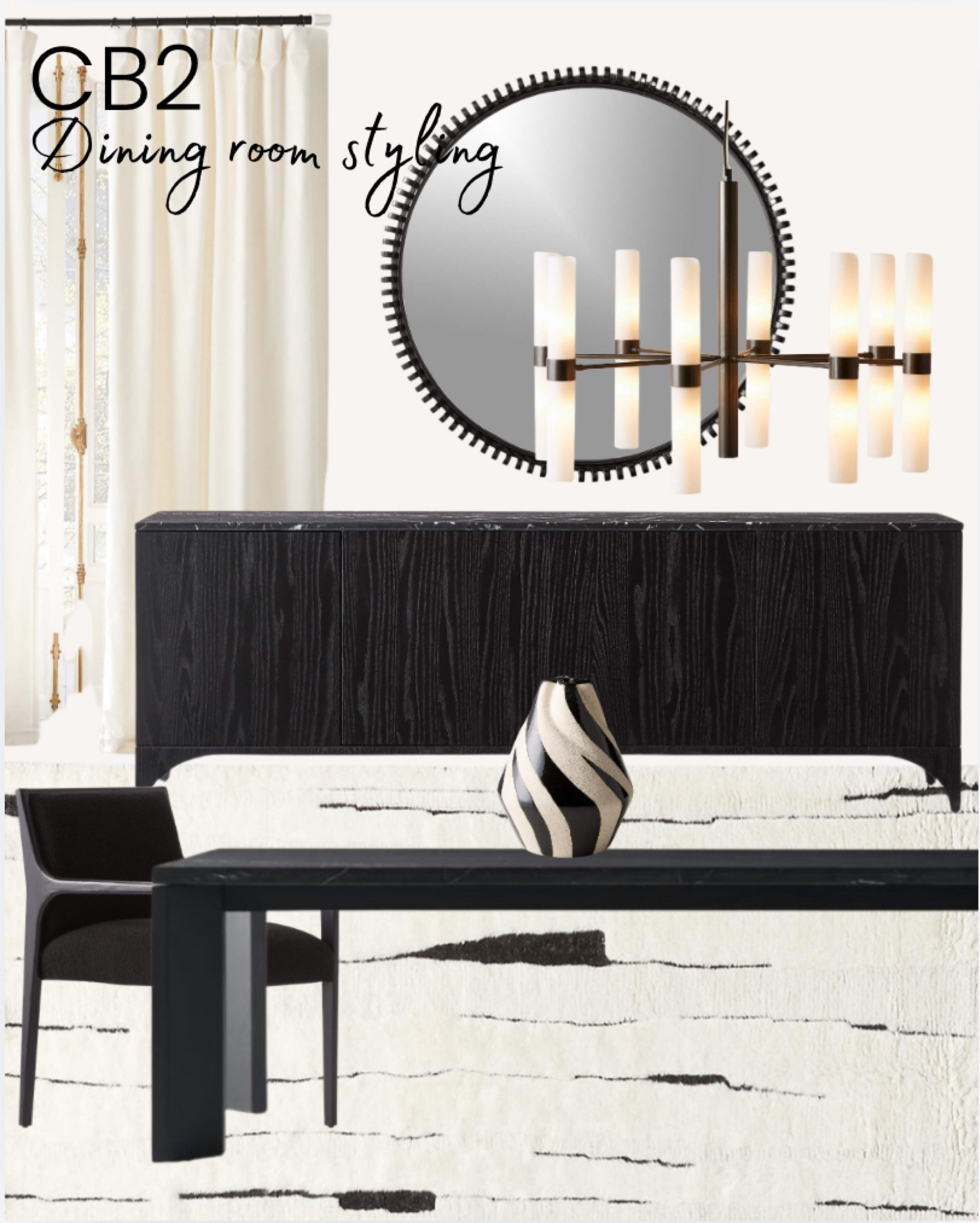 CB2 dining room styling mood board. Gorgeous wood table and side board with black marble top accented with ivory area rug and drapes. A stunning chandelier and round mirror. 

#ltkcanada #ltkautumn

#LTKHome #LTKSeasonal #LTKStyleTip