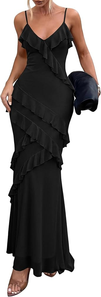 Amazon.com: PRETTYGARDEN Women 2026 Wedding Guest Cocktail Maxi Dress Spaghetti Strap Sleeveless V Neck Bodycon Mesh Party Summer Outfits (Black,Small) : Clothing, Shoes & Jewelry | Amazon (US)