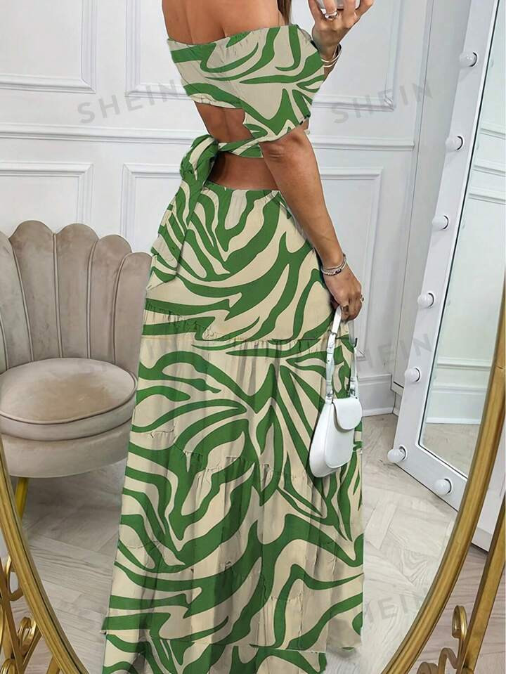 Vestido con estampado de hombros descubiertos de cintura con abertura bajo con fruncido | SHEIN