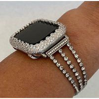 Silver Apple Watch Band Women Bracelet Swarovski Crystal & Or Case Lab Diamond Bezel Cover Bumper Iwatch Candy Bling | Etsy (US)
