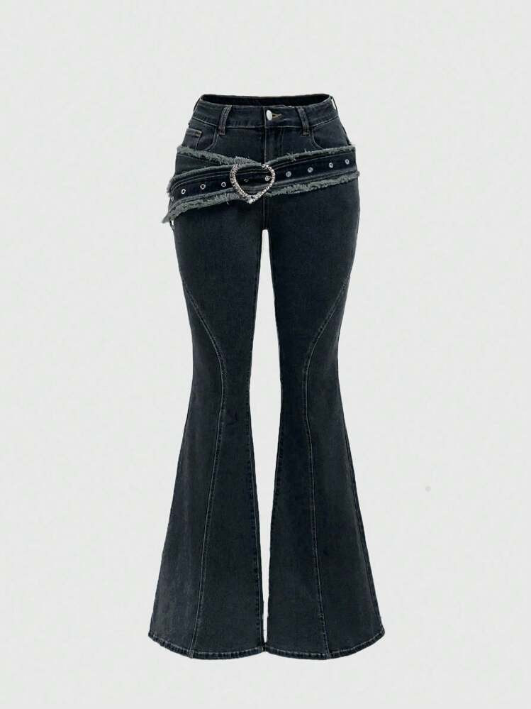 Magazzino UESHEIN X PRISCILA & JIMENA Grunge Punk Cintura Con Fibbia A Forma Di Cuore E Frange In Stile Retrò Y2K, E Jeans A Zampa Per Donne, Per La Scuola E Uso Casual. Jeans A Zampa Con Vita Bassa, Bottone E Zip, Gamba Ampia, Blu, Per Donne, Adatti Per Primavera/Autunno E Uso Quotidiano | SHEIN