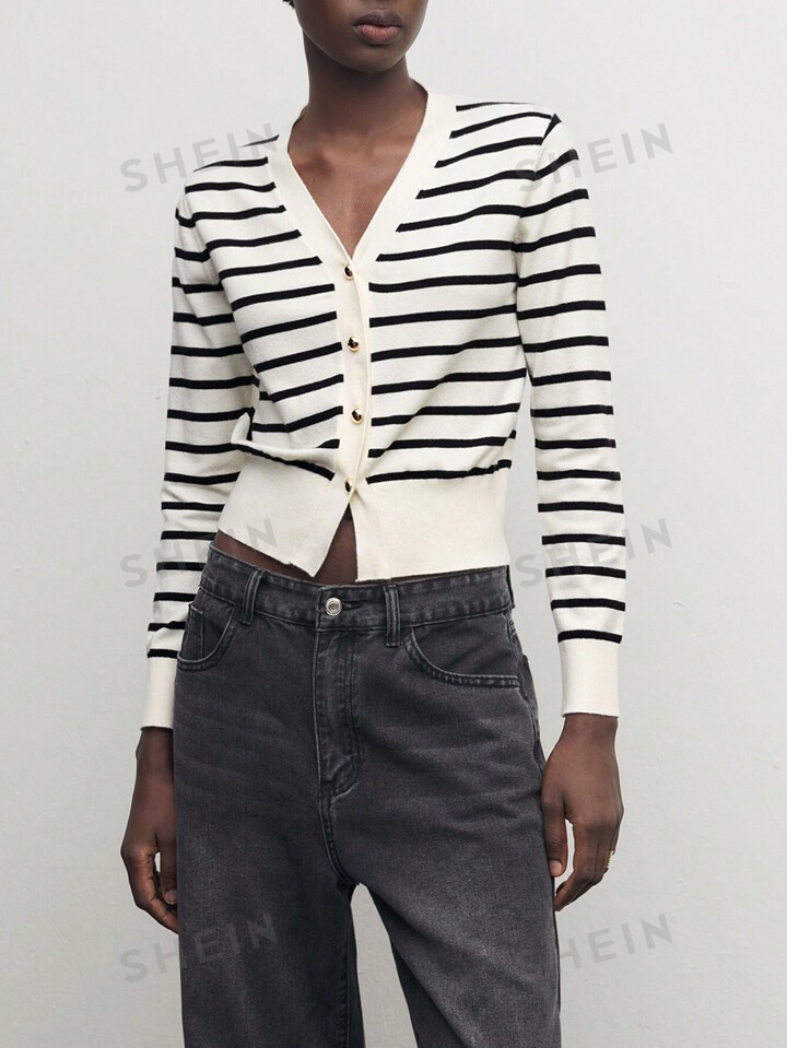 SHEIN BIZwear Apricot Black Contrast Stripe V-Neck Fitted Waist Elegant Knit Cardigan | SHEIN