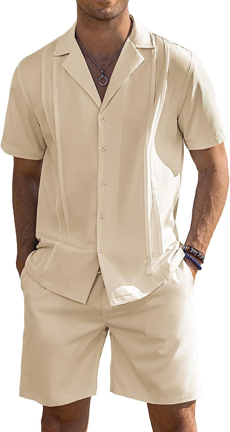 COOFANDY Men's 2 Piece Short Set Cuban Button Down Shirt Casual Short Beach Outfits Set | Amazon (US)