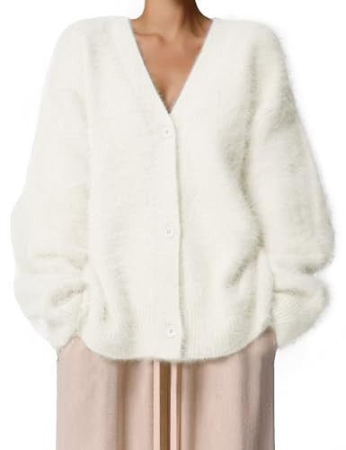 Bnigung Fuzzy Cardigan Sweaters for Women V Neck Button Down Fluffy Knit Sweater Long Sleeve Cardigan Sweater Coat 2025(Beige-S) | Amazon (US)