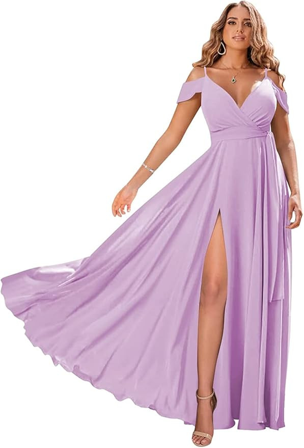 OFEYCHUN Women's Off The Shoulder Bridesmaid Dress Long with Slit Chiffon A Line Formal Evening G... | Amazon (US)