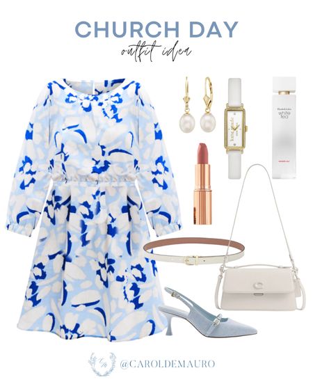 Try out this modest but stylish church day outfit idea: a printed blue long-sleeve midi dress, white long shoulder bag, slingback kitten heels, white belt, dainty accessories and more! 
#sundaysbest #beautyfaves #petitestyle #capsulewardrobe

#LTKStyleTip #LTKSeasonal #LTKItBag