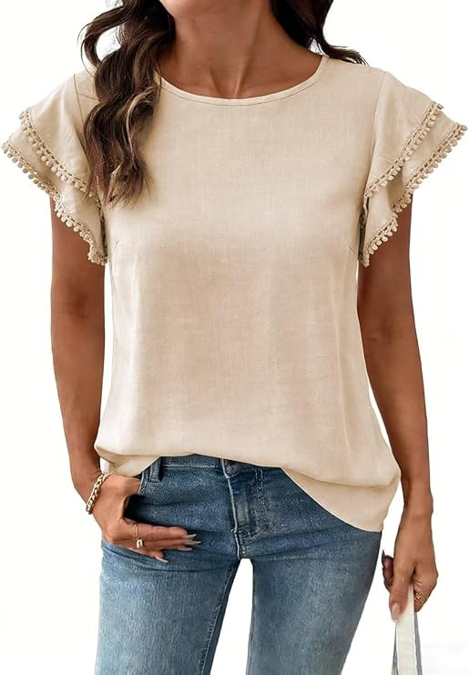 Dokotoo Summer Tops for Women 2026 Casual Round Neck Ruffle Cap Sleeve Blouse Shirts Solid Color ... | Amazon (US)