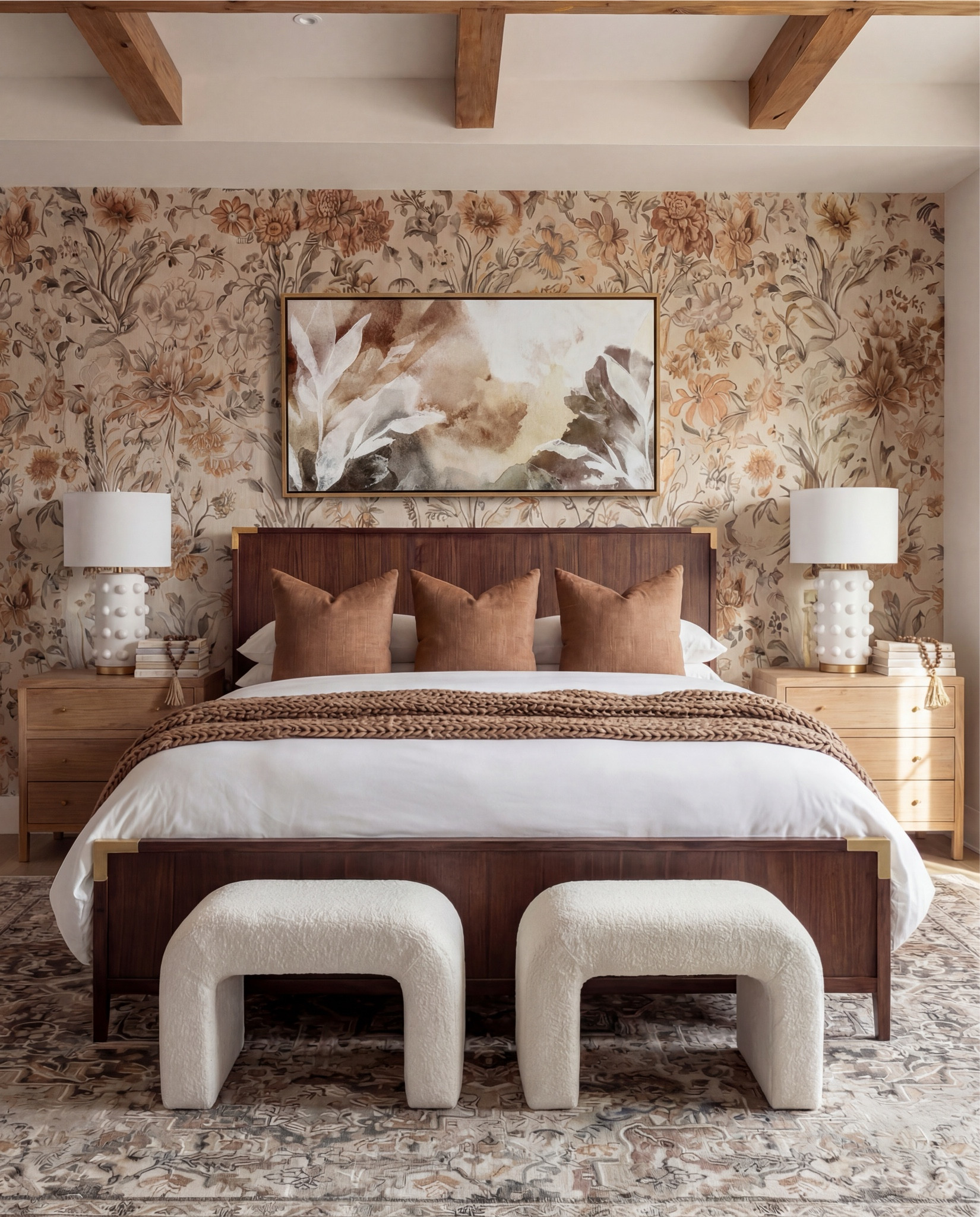 Bedroom Refresh : Shop The Look.
This bedroom feels like golden hour captured in a space. The warm floral wallpaper sets the tone instantly — soft, romantic, and layered with those earthy caramel tones that make the room feel like a retreat. The dark wood bed adds that grounding contrast, and the three velvet pillows pull the entire palette together in the most effortless way.

The chunky knit throw gives the bedding that “lived-in luxury” look everyone loves right now — cozy, textured, and perfectly draped. And the ceiling beams? Such a design flex. They draw your eyes up and make the whole room feel elevated and architectural.

The sculptural white lamps add the perfect bit of modern playfulness against all the warm tones, while the boucle stools soften the space just enough to keep it feeling airy and inviting. The vintage rug ties every color together — from the soft taupes to the richer browns — creating that warm, layered, collected look.

Shop the Look:
• Warm floral wallpaper
• Dark wood panel bed with brass accents
• Caramel velvet throw pillows
• Chunky knit camel blanket
• Neutral bouclé curved stools
• Sculptural white ceramic table lamps
• Vintage-pattern neutral area rug
• Natural wood nightstands
• Abstract warm-toned wall art above the bed#LTKFindsUnder100

#LTKSaleAlert #LTKHome