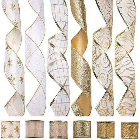 iPEGTOP Wired Christmas Ribbon, Assorted Organza Swirl Sheer Glitter Crafts Gift Wrapping Ribbon ... | Amazon (US)