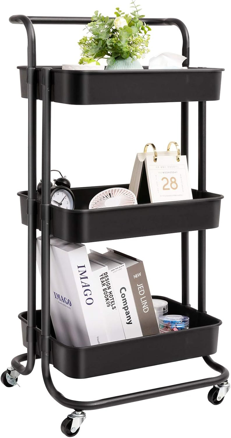 Amazon.com: danpinera 3 Tier Rolling Utility Cart with Wheels and Handle Storage Organization She... | Amazon (US)
