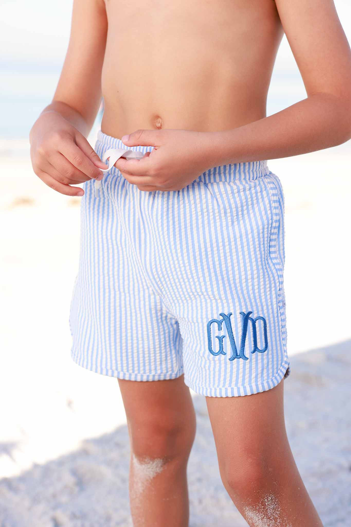 Boy's Swim Trunks | Seersucker Blue | Caden Lane