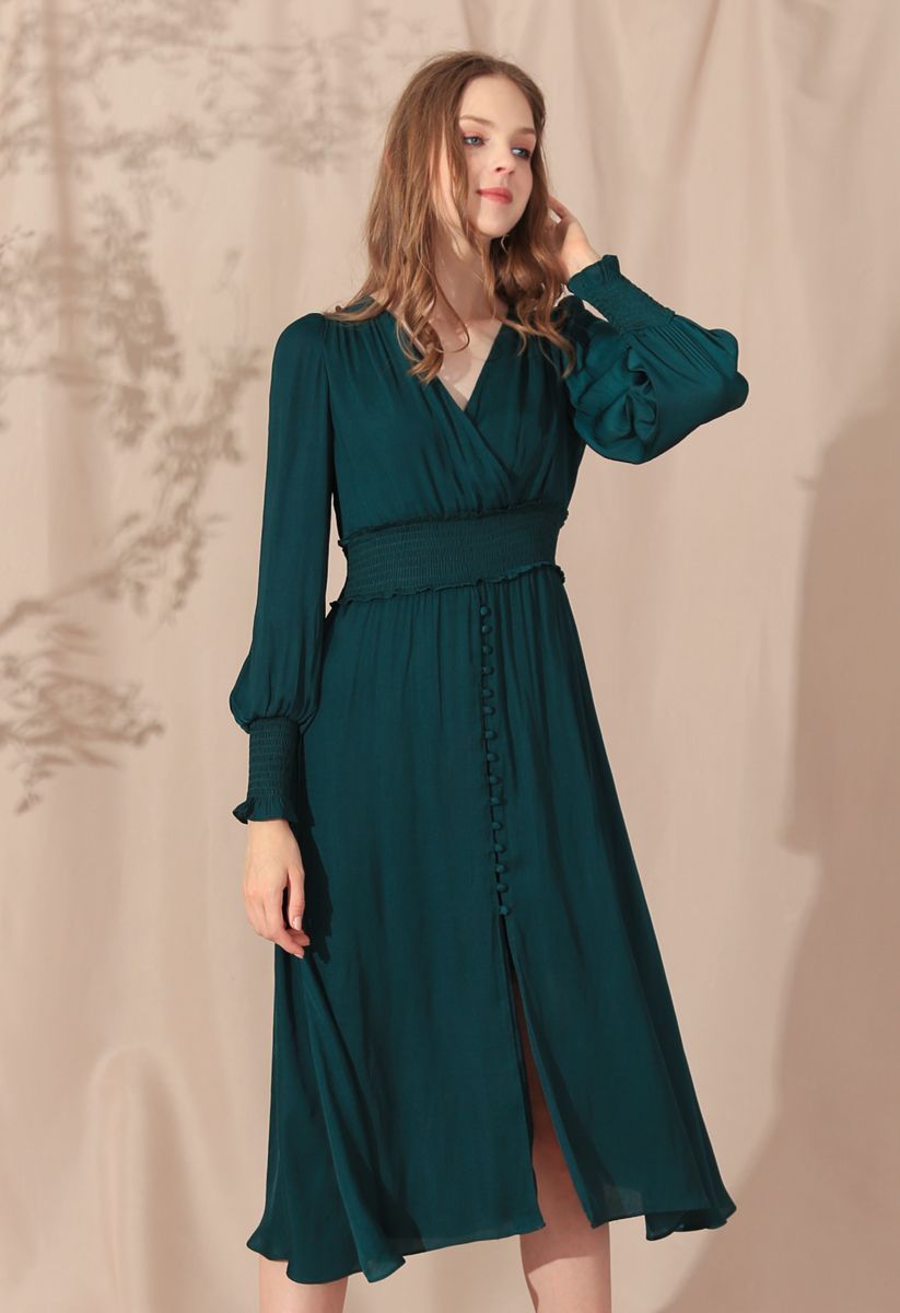 Satin Button Down Wrap Midi Dress in Dark Green | Chicwish