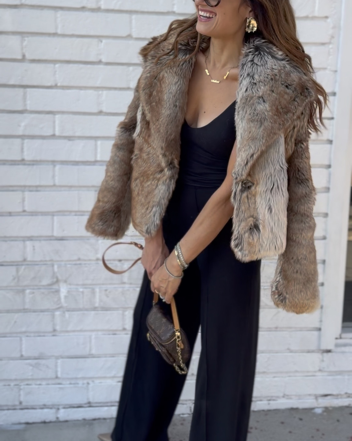 Love this outfit! 
Faux fir in 4 Karen millen 
Tank small 
Noli shop pants size small 
