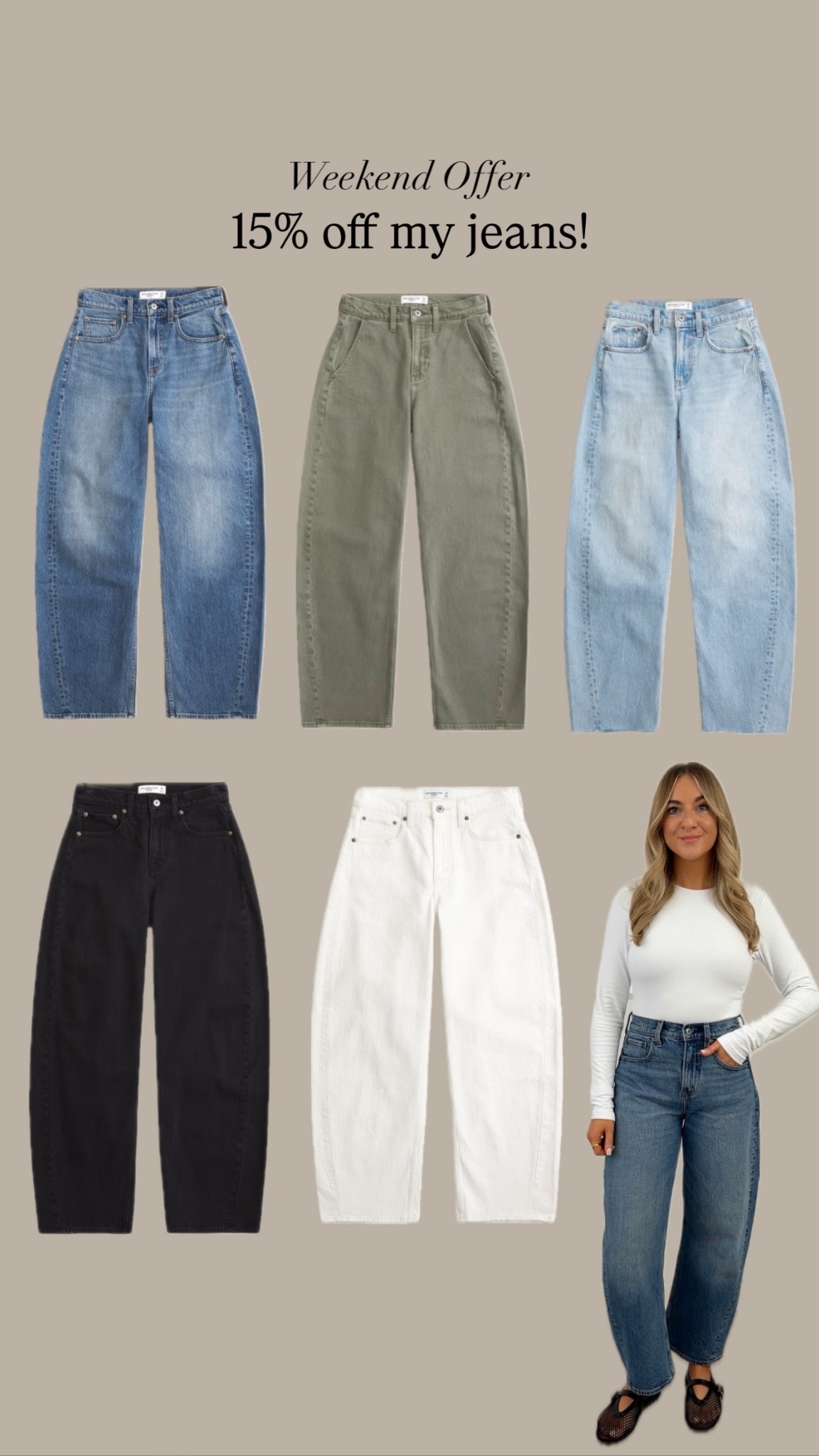 15% off my barrel leg jeans! I wear 25 short.
They’re true to size.


#LTKjeans #LTKXAbercrombieDenim #LTKsale