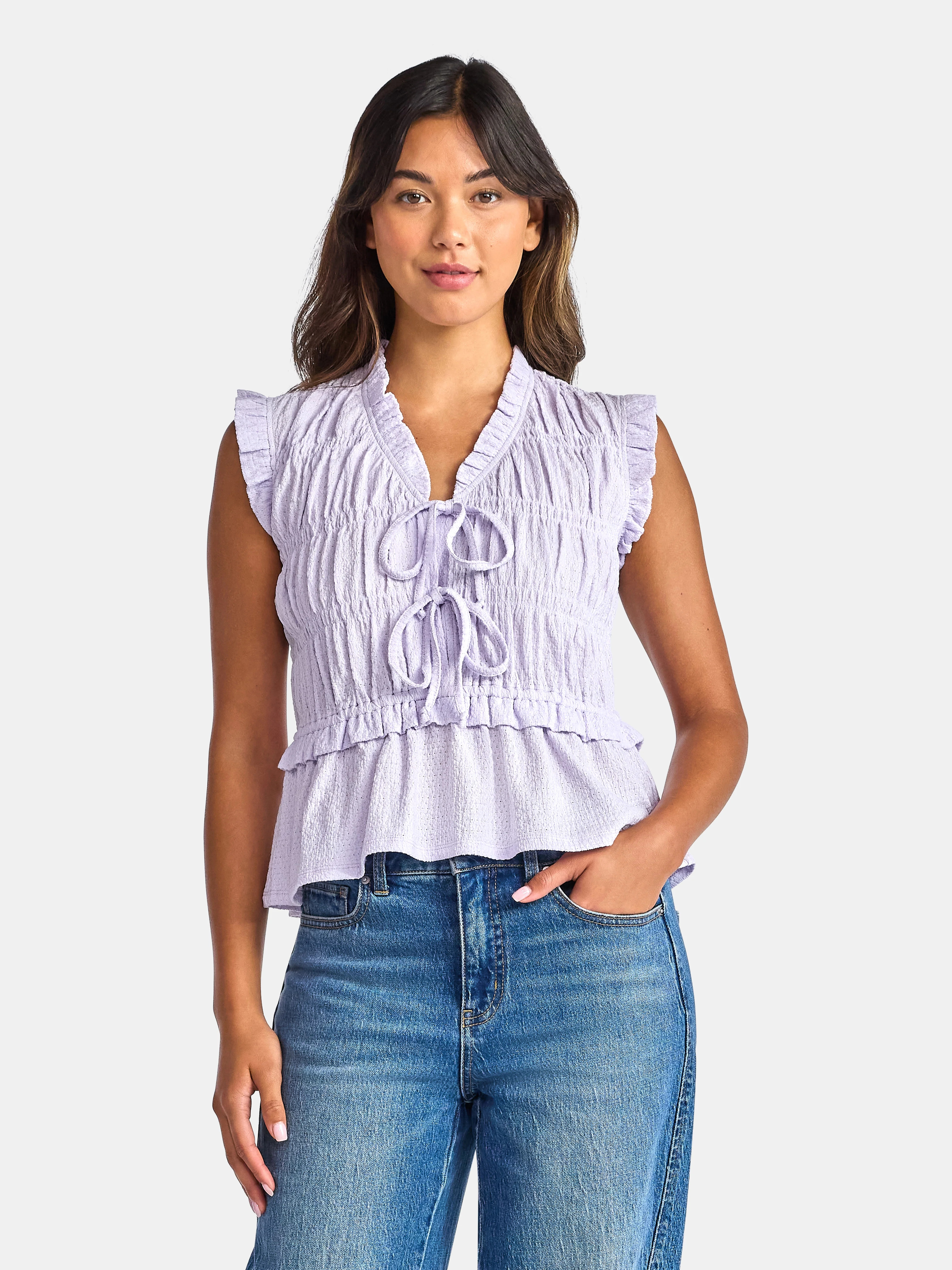 Time And Tru Women's Textured Tie Front Top, Sizes XS-XXXL | Walmart (US)