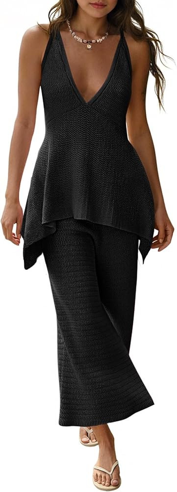 Tankaneo Womens 2 Piece Knit Sets Summer Vacation Outfits Deep V Neck Flowy Tank Tops Wide Leg Pa... | Amazon (US)