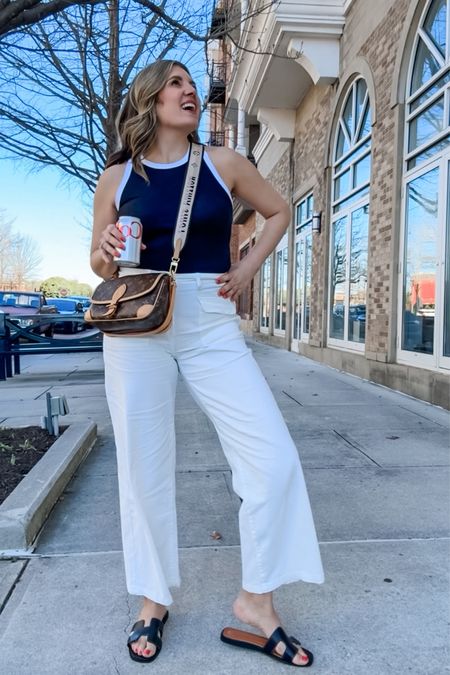 White pants outfit! These stretchy pants are a great Anthro look for less! Size down in between. I have a 6 in the pants, medium in the tank! Sandals fit tts. 

#LTKfindsunder100 #LTKfindsunder50