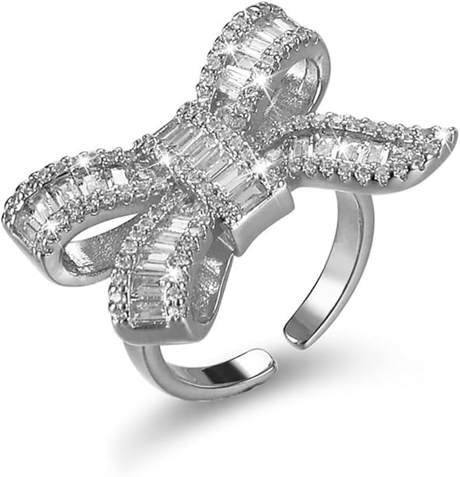 Sparkly Rhinestone Bow Rings for Women Adjustable Cocktail Statement Finge Ring Pave Crystal Bow ... | Amazon (US)