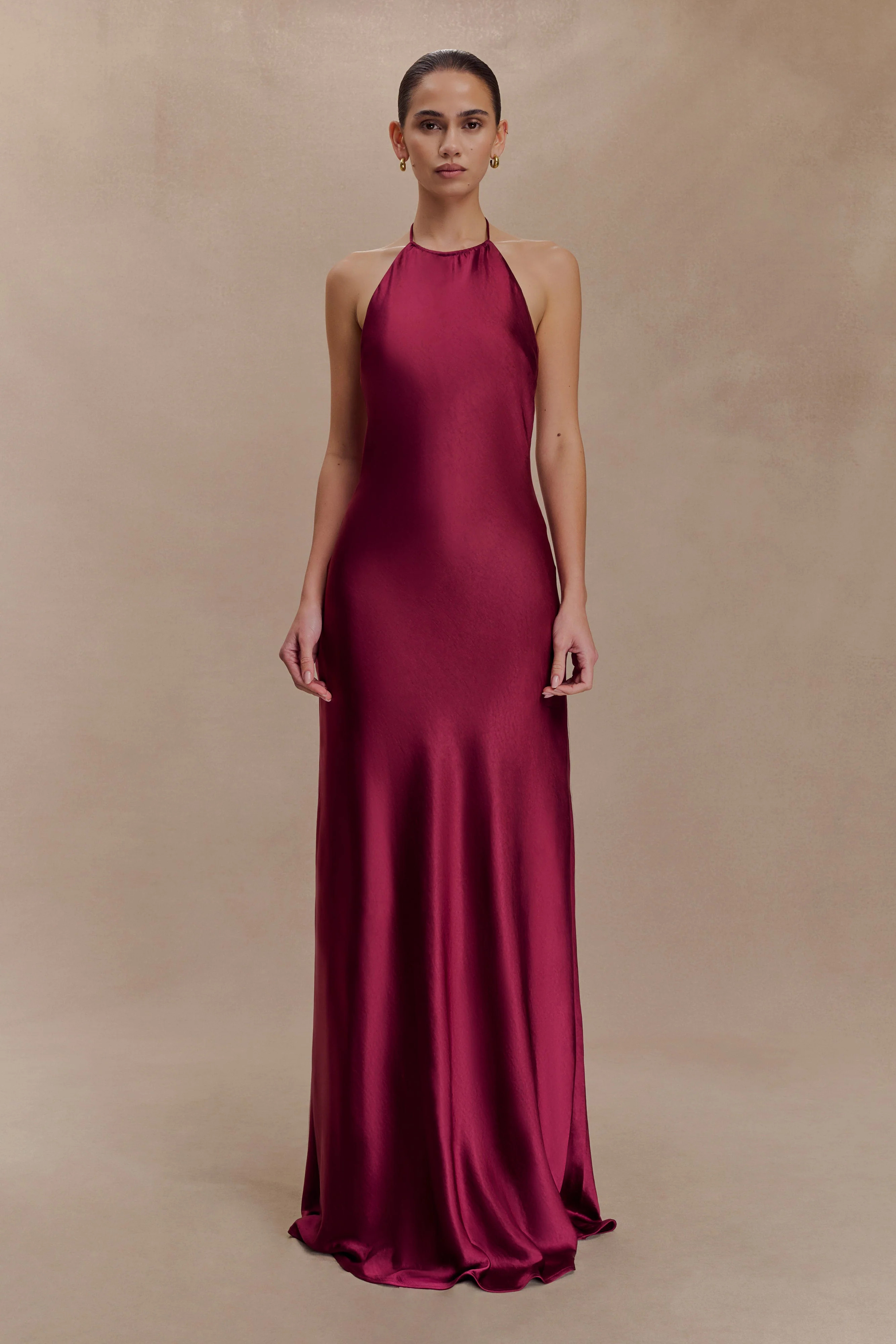 Bella Satin Halter Maxi Dress - Mahogany | MESHKI US