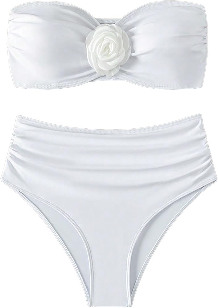 OYOANGLE Women's 3D Flower Ruched Strapless Bandeau Swimsuit Two Piece Mid Rise Bathing Suits | Amazon (US)