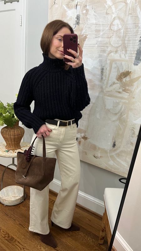 How to style ecru jeans:
Navy turtleneck (linked similar)
Andersons brown belt 
STAUD chocolate suede Wally ankle boots 
Little Liffner chocolate suede tote 
Emi Jay burgundy claw clip

Winter outfit 

#LTKSeasonal