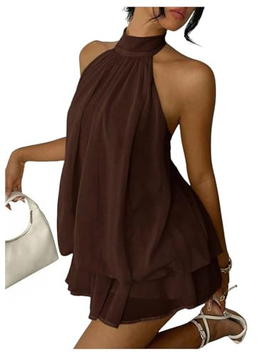 Verdusa Women's Chiffon Halter Drop Waist Wedding Guest Dresses Ruffle Summer Mini Dress Brunch Outfits Chocolate Brown Small | Amazon (US)