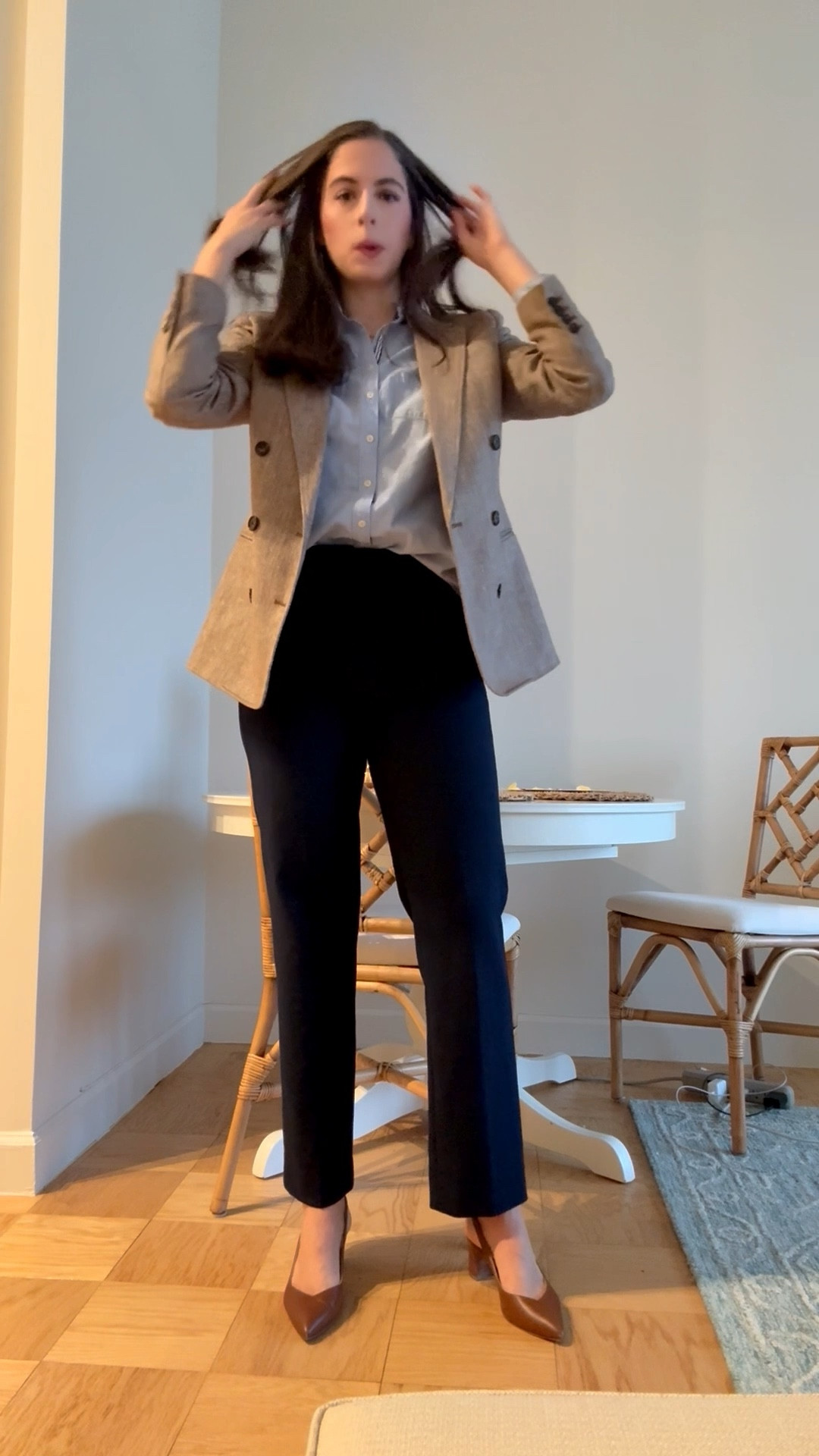 Office style, office outfit, business casual, workwear, lawyer, attorney, law firm, tweed blazer, herringbone blazer, double breasted blazer, navy work pants, high waisted work pants, comfortable work pants, blue button down, brown mules, brown block heels, corporate style, corporate girlie, neutral work outfit, capsule wardrobe 

#LTKootd #LTKWorkwear #LTKSeasonal