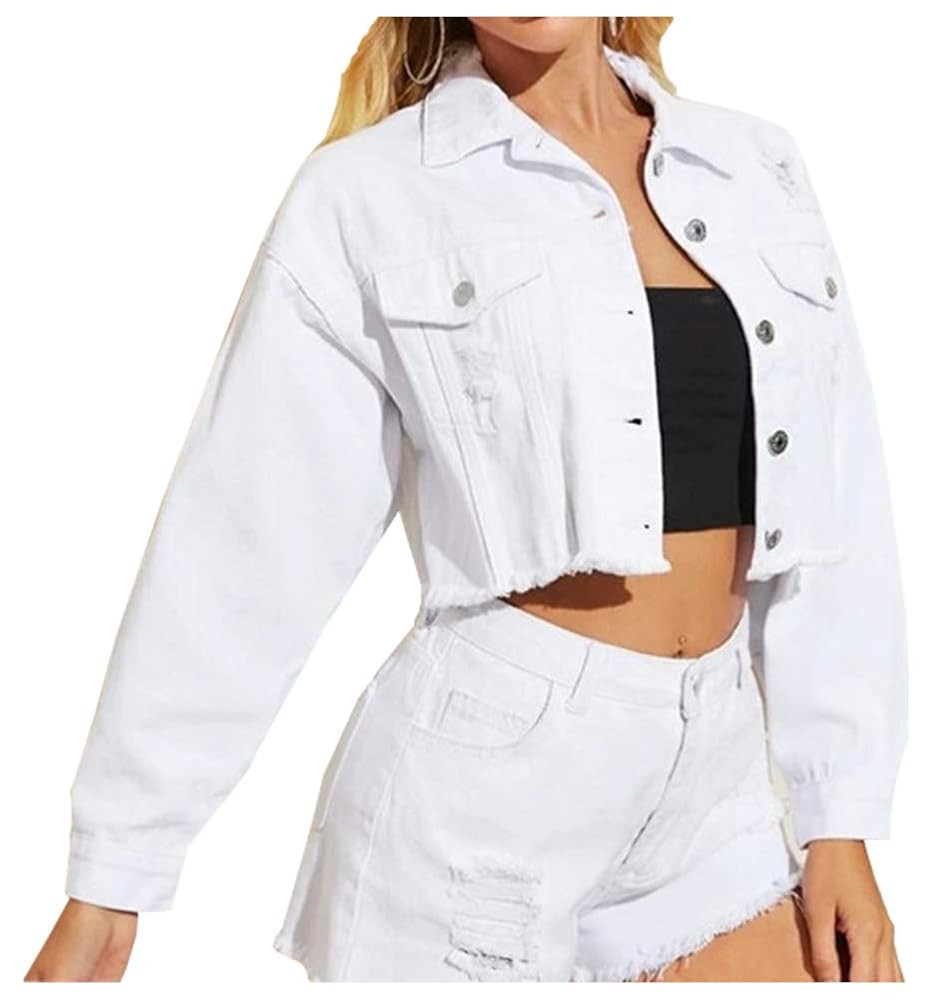 LifeShe Women Cropped Ripped Distressed Denim Jean Jacket Coat Fringe with Frayed Hem | Amazon (US)
