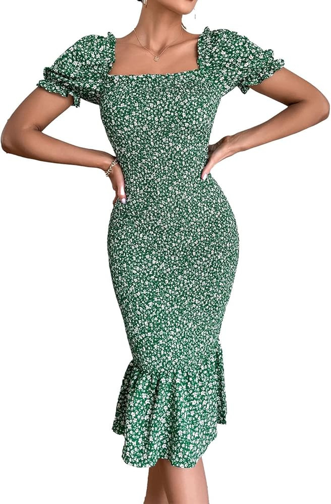PRETTYGARDEN Women's Summer Floral Midi Bodycon Dresses Short Puff Sleeve Square Neck Ruffle Hem Mer | Amazon (US)