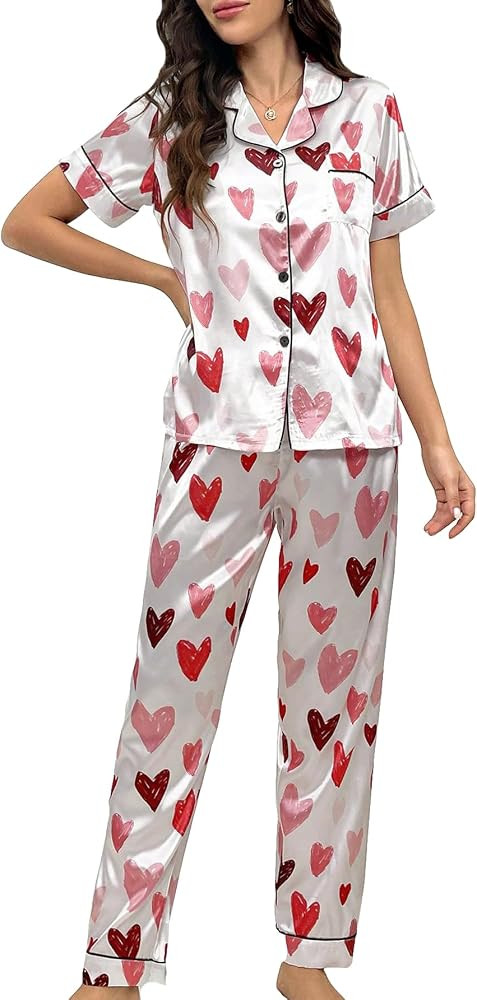 Women's 2 Piece Sleepwear Striped Satin Short Sleeve Shirt and Pants Pajama Set | Amazon (US)