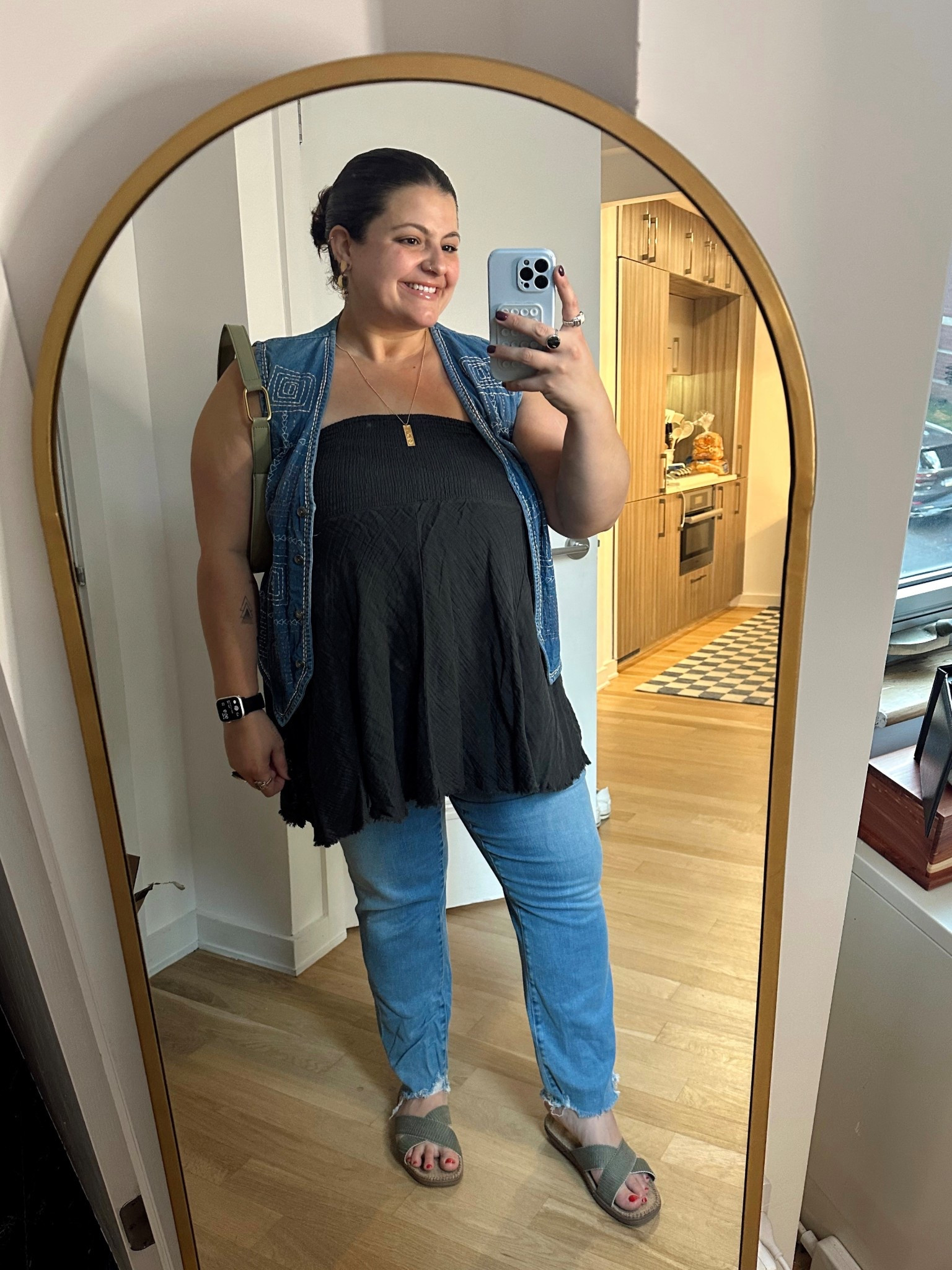 Vest is thrifted, bag is Marshall’s, tank top is actually a Natural Life skirt, jeans Good American, necklace Satya Jewelry, sandals are Shangies by Stilov

#LTKPlusSize #LTKShoeCrush #LTKMidsize
