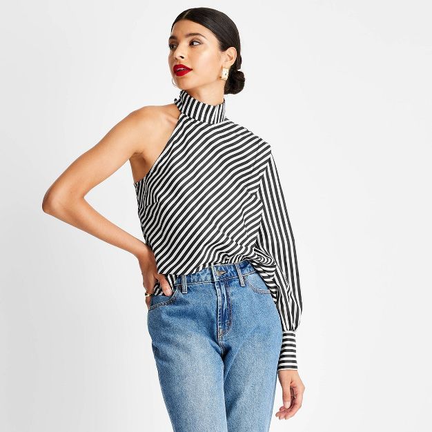 Women's Striped Long Sleeve One Shoulder Blouse - Future Collective™ with Kahlana Barfield Brow... | Target