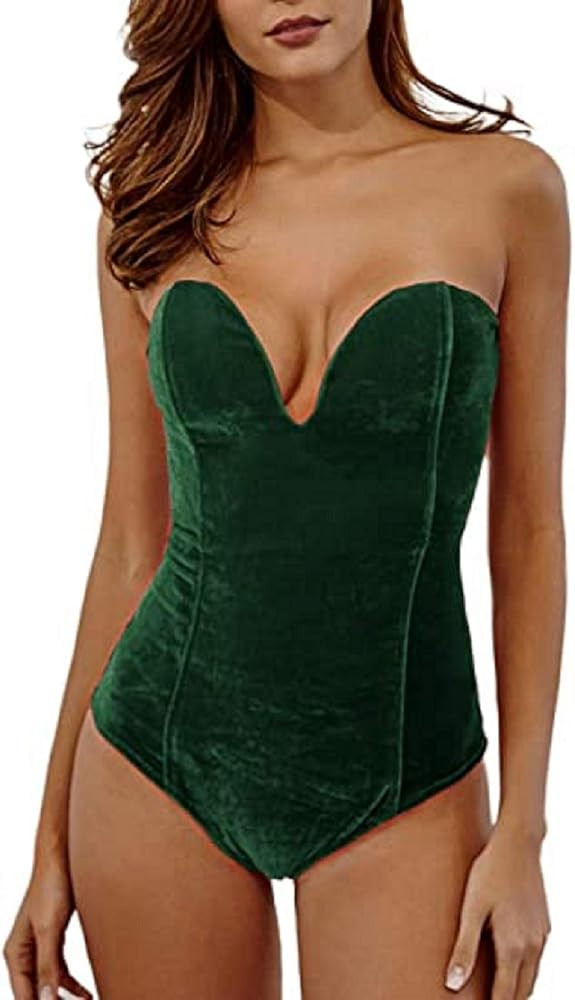 Women Sexy Velvet Strapless Bodysuit Jumpsuit Sweetheart Deep V Neck Cross Back Vintage Bodycon L... | Amazon (US)