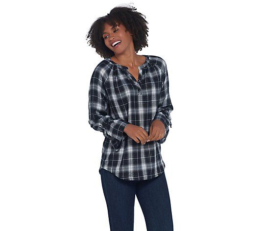 Belle by Kim Gravel Flannel Plaid Blouse with Tie Sleeve | QVC