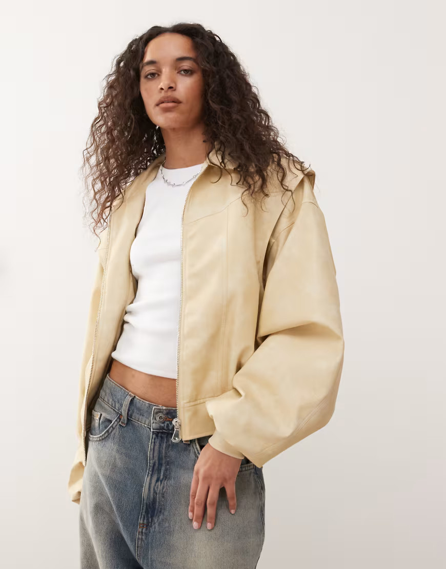 Lioness exclusive Vista leather look contrast stitch bomber jacket in soft lemon-Yellow | ASOS (Global)